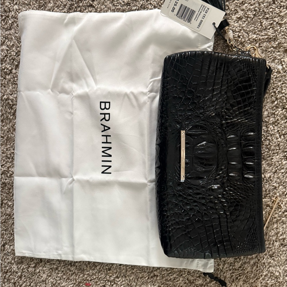 Brahmin Black Croc-Embossed Wristlet with Gold Hardware